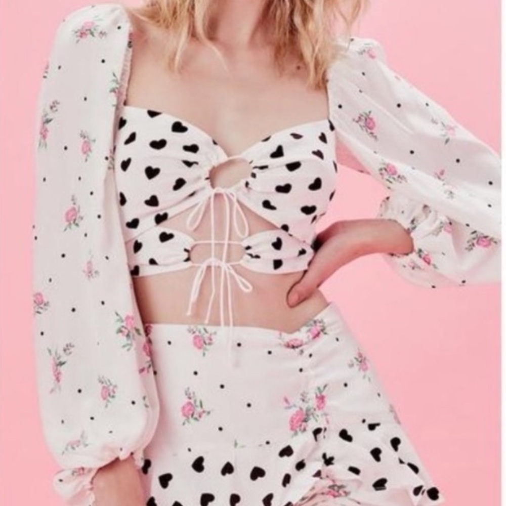 For Love & Lemons Lucia Crop Top Front Tie Heart Floral Print Ivory Size Small